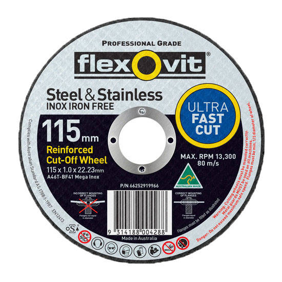 Flexovit A46T-BF41 Ultra Thin Mega Inox Premium Cut-Off Wheel 115mm